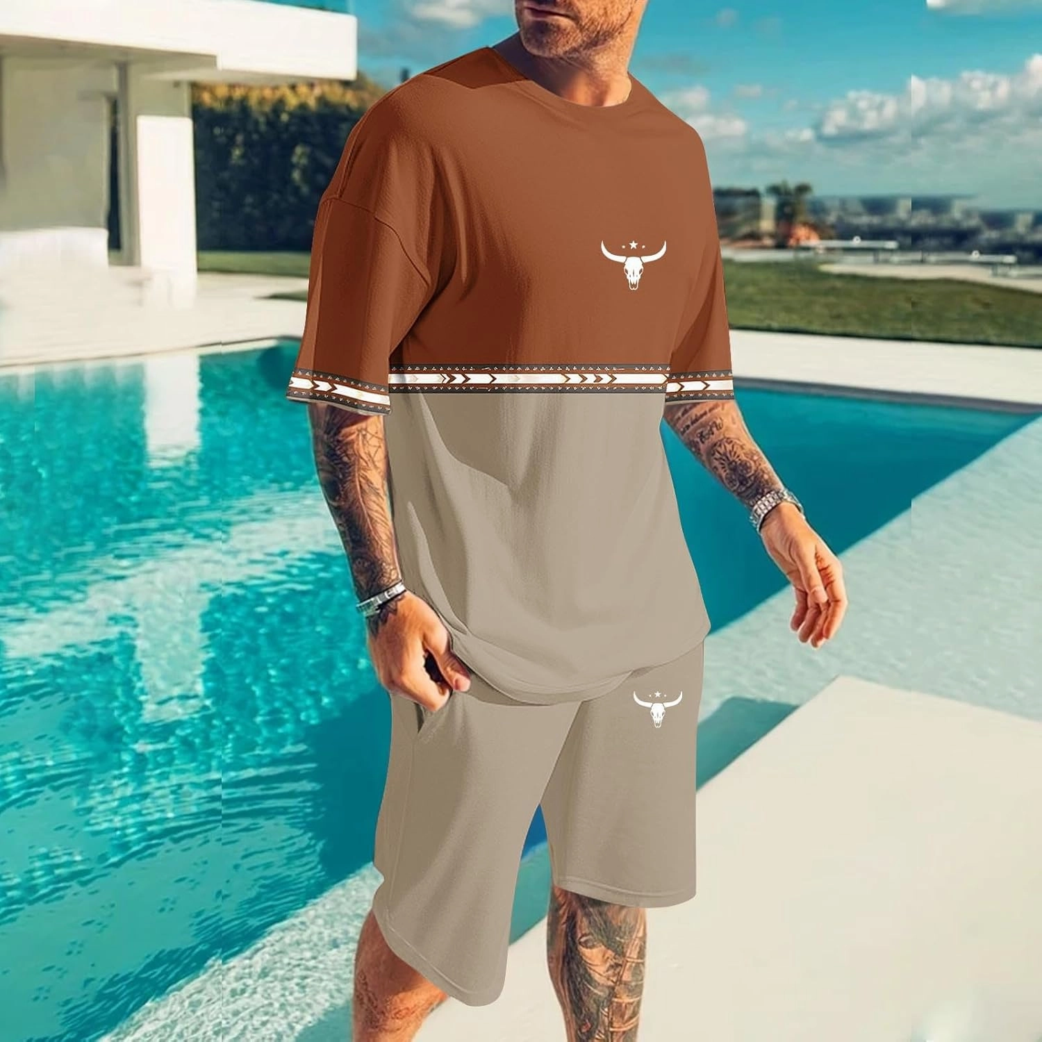Mens 2 Piece Outfits Western Graphic Short Sleeve Colorblock T-Shirt Crewneck and Elastic Waist Shorts Set Classic 2025