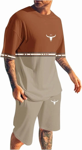 Mens 2 Piece Outfits Western Graphic Short Sleeve Colorblock T-Shirt Crewneck and Elastic Waist Shorts Set Classic 2025
