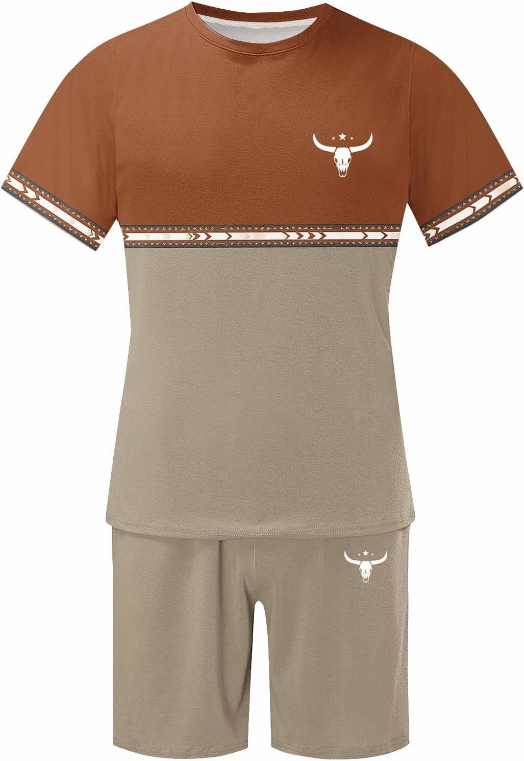Mens 2 Piece Outfits Western Graphic Short Sleeve Colorblock T-Shirt Crewneck and Elastic Waist Shorts Set Classic 2025