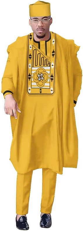 Mens African Attire Robe Classic Agbada Suit Caftan Outfit Embroidery Dashiki Set Heritage Cultural Wear Clothing