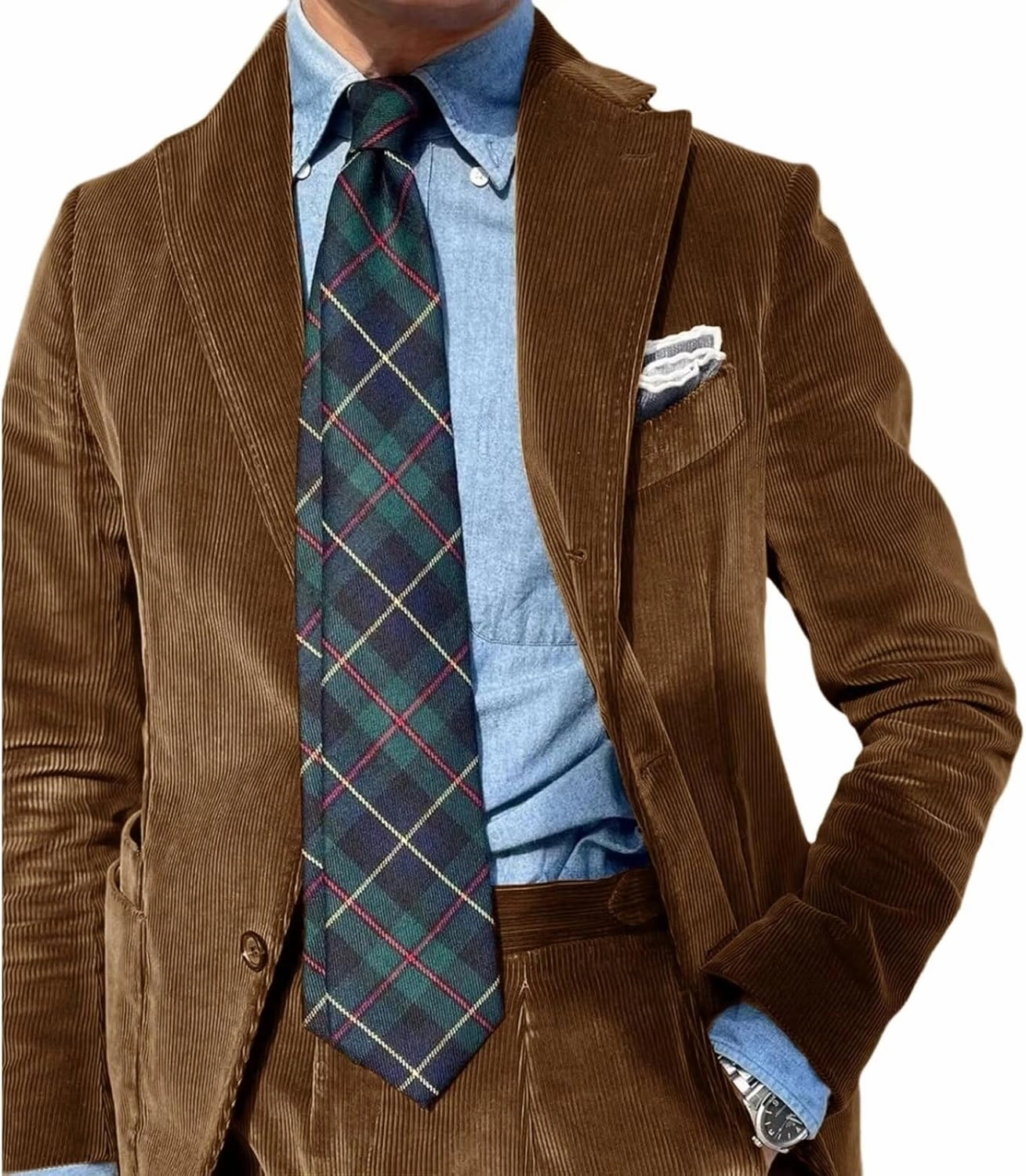 Mens Suits 2 Piece Retro Corduroy Slim Fit Business Formal Dress Suit for Wedding Prom Tuxedos Jacket Pants Set