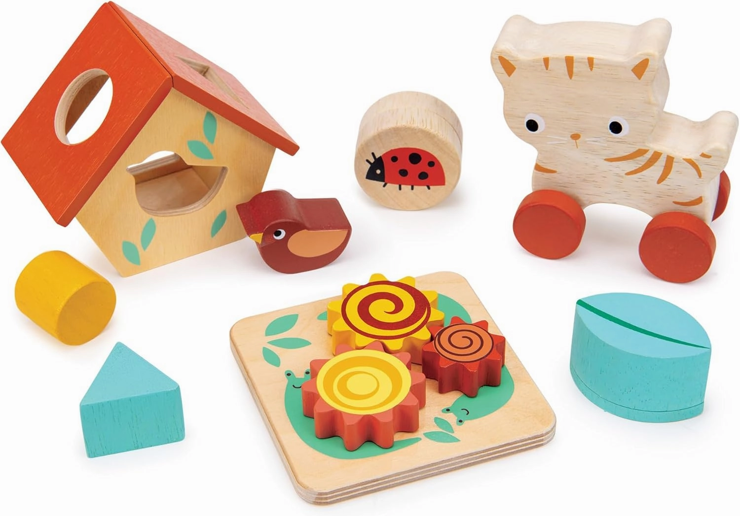 Mentari Toys - 12 Months Garden Playtime Set - Includes Wooden Shape Sorter, Cogs & Gears, Rolling Kitten, Clacking Ladybird, Rainfall Shaker - Sensory Play & Motor Skill Development - Age 12m 