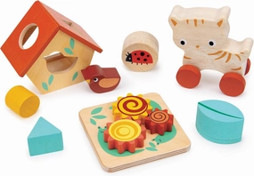 Mentari Toys - 12 Months Garden Playtime Set - Includes Wooden Shape Sorter, Cogs & Gears, Rolling Kitten, Clacking Ladybird, Rainfall Shaker - Sensory Play & Motor Skill Development - Age 12m 