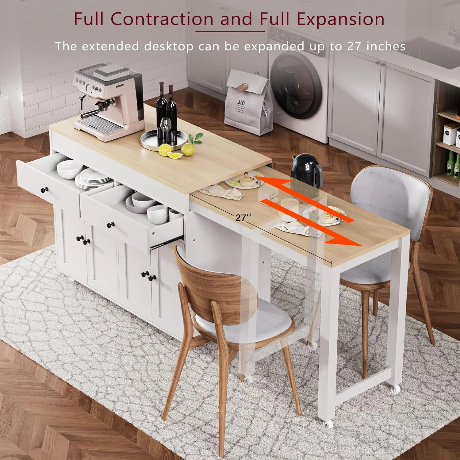 Merax 74.5" Kitchen Island with Extendable Dining Table, Rolling Kitchen Storage Cart on Wheels with Spice Rack & 2 Drawers & 4 Door Cabinet for Dining Room, White