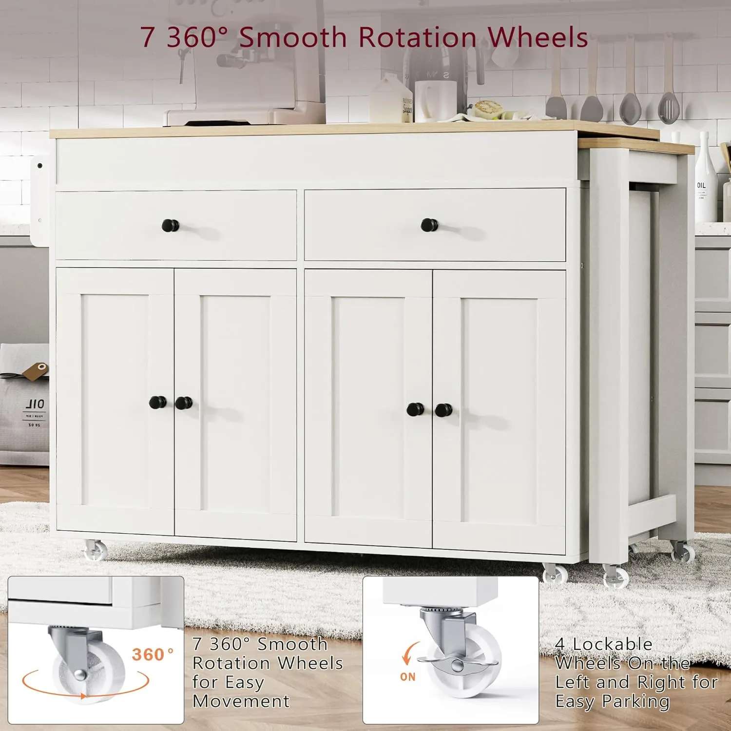Merax 74.5" Kitchen Island with Extendable Dining Table, Rolling Kitchen Storage Cart on Wheels with Spice Rack & 2 Drawers & 4 Door Cabinet for Dining Room, White
