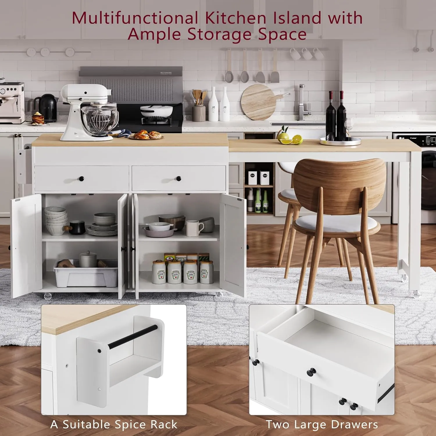 Merax 74.5" Kitchen Island with Extendable Dining Table, Rolling Kitchen Storage Cart on Wheels with Spice Rack & 2 Drawers & 4 Door Cabinet for Dining Room, White