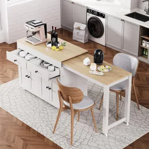 Merax 74.5" Kitchen Island with Extendable Dining Table, Rolling Kitchen Storage Cart on Wheels with Spice Rack & 2 Drawers & 4 Door Cabinet for Dining Room, White