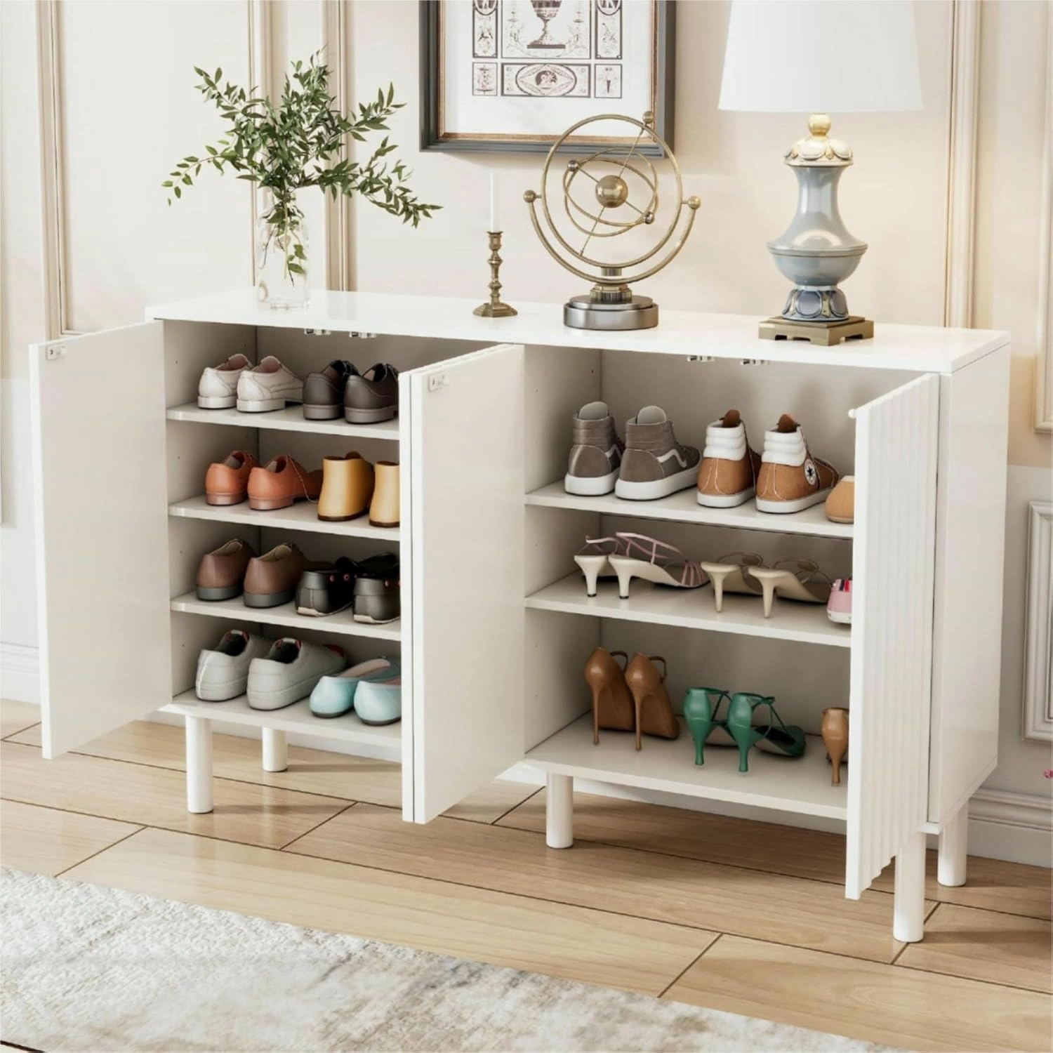 Merax 55” Shoe Cabinet Storage for Entryway with 4-Door, Freestanding Sideboard Buffet Hidden Table Organizer for Dinning Kitchen Living Room, Solid Wood Legs, Adjustable Shelves