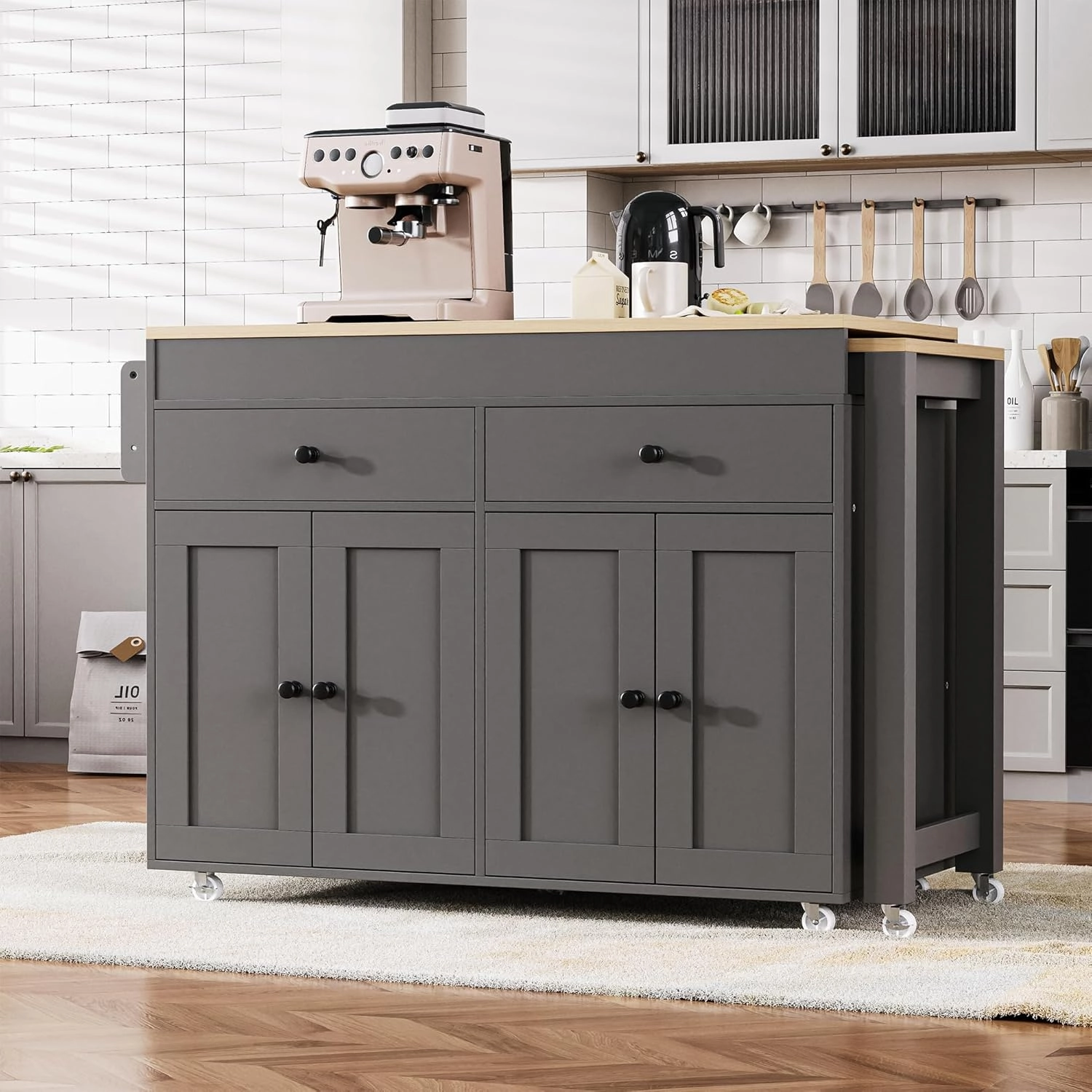 Merax 74.5" Kitchen Island with Extendable Dining Table, Rolling Kitchen Storage Cart on Wheels with Spice Rack & 2 Drawers & 4 Door Cabinet for Dining Room, Gray
