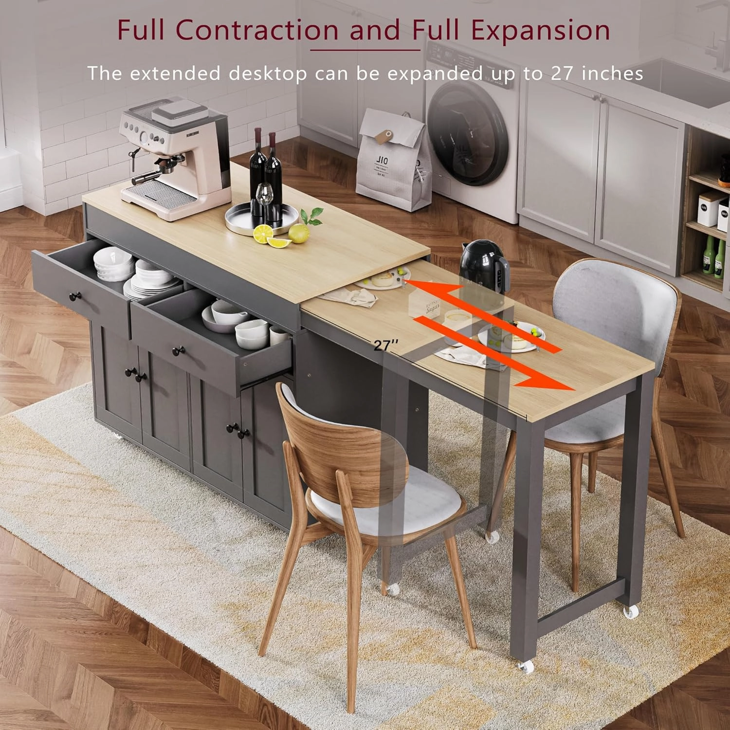 Merax 74.5" Kitchen Island with Extendable Dining Table, Rolling Kitchen Storage Cart on Wheels with Spice Rack & 2 Drawers & 4 Door Cabinet for Dining Room, Gray