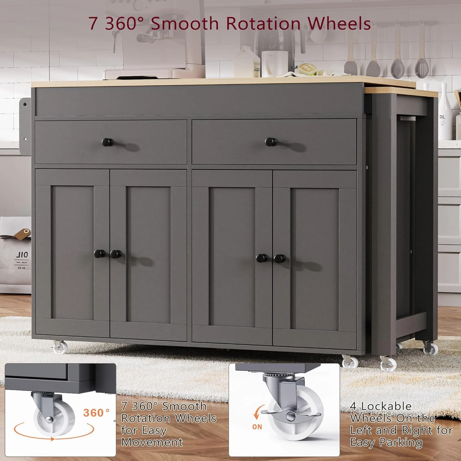 Merax 74.5" Kitchen Island with Extendable Dining Table, Rolling Kitchen Storage Cart on Wheels with Spice Rack & 2 Drawers & 4 Door Cabinet for Dining Room, Gray