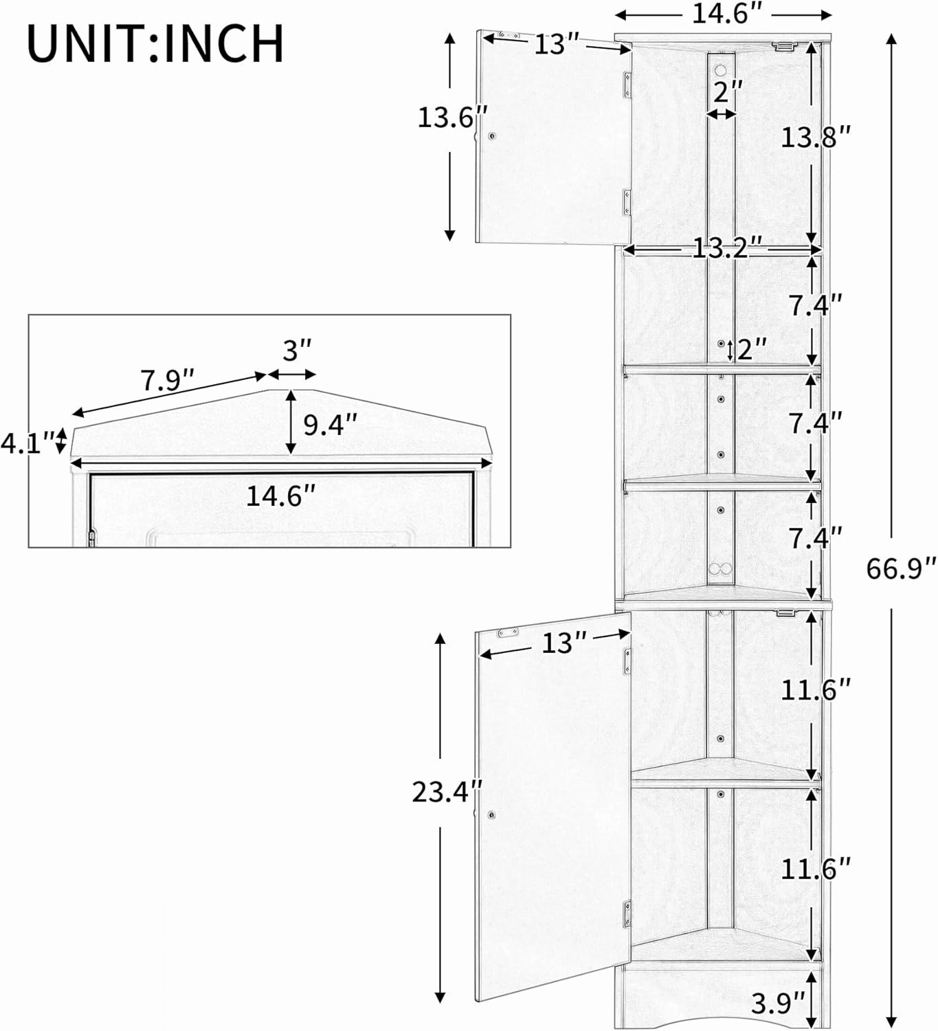 Merax Corner Cabinet Freestanding Floor Bathroom Storage Space Saver with Doors and Adjustable Shelves for Home, Kitchen, Tall Slim