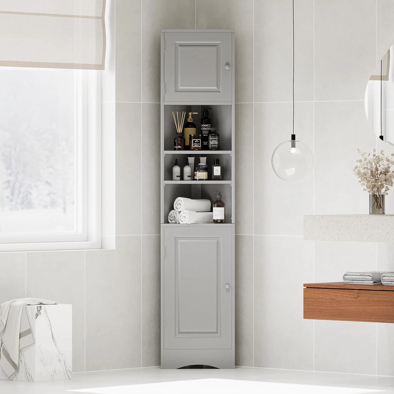 Merax Corner Cabinet Freestanding Floor Bathroom Storage Space Saver with Doors and Adjustable Shelves for Home, Kitchen, Tall Slim