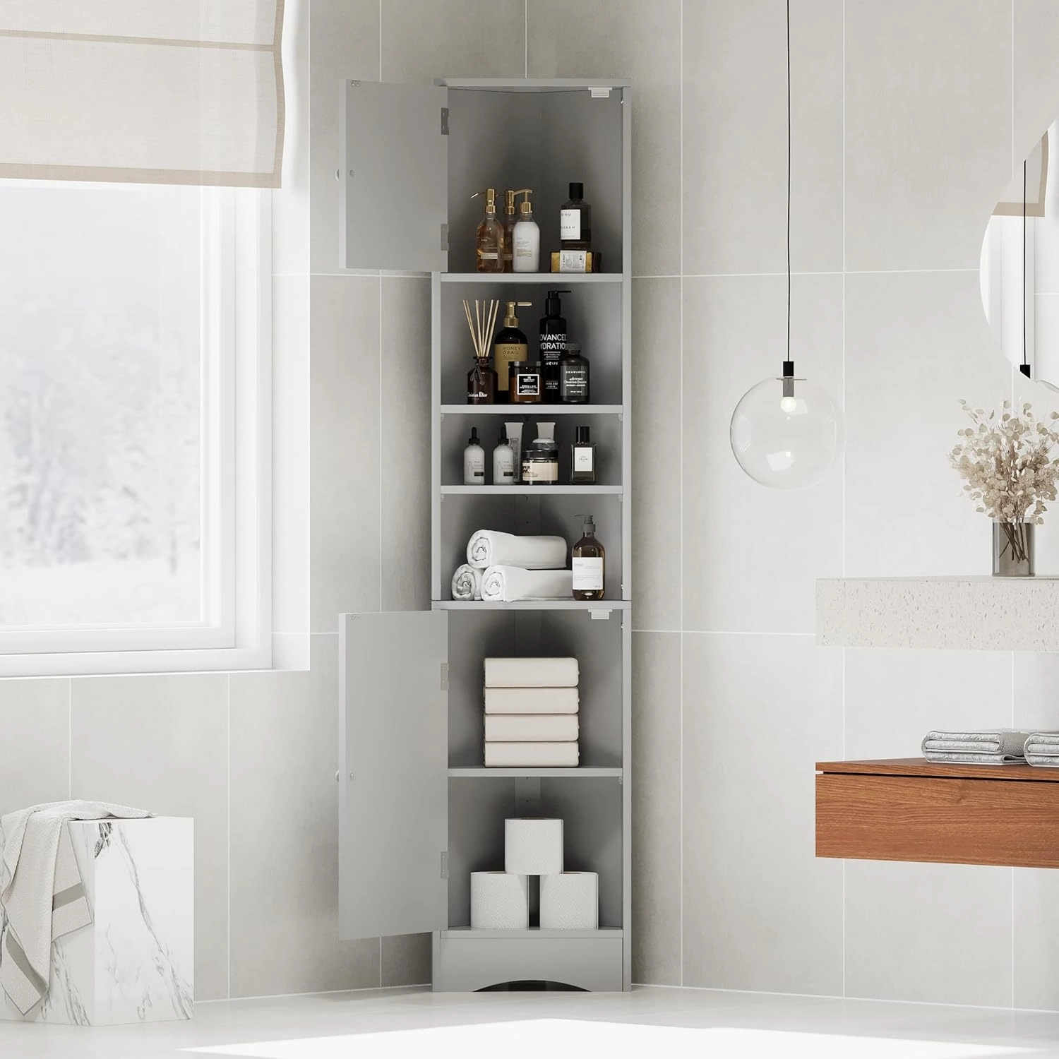 Merax Corner Cabinet Freestanding Floor Bathroom Storage Space Saver with Doors and Adjustable Shelves for Home, Kitchen, Tall Slim