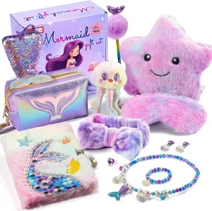 Mermaid Gifts for Girls Age 4 5 6 7 8 9 10 Year Old, Mermaid Birthday Toys Set 4-6 6-8 with Light Up Star Pillow, Diary Plush, Jewelry, Accessories, Little Girls Princess Presents Toy