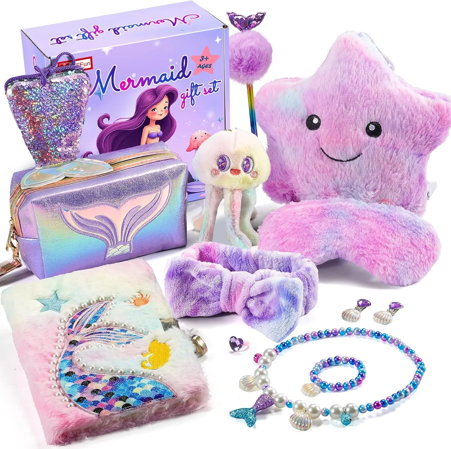 Mermaid Gifts for Girls Age 4 5 6 7 8 9 10 Year Old, Mermaid Birthday Toys Set 4-6 6-8 with Light Up Star Pillow, Diary Plush, Jewelry, Accessories, Little Girls Princess Presents Toy