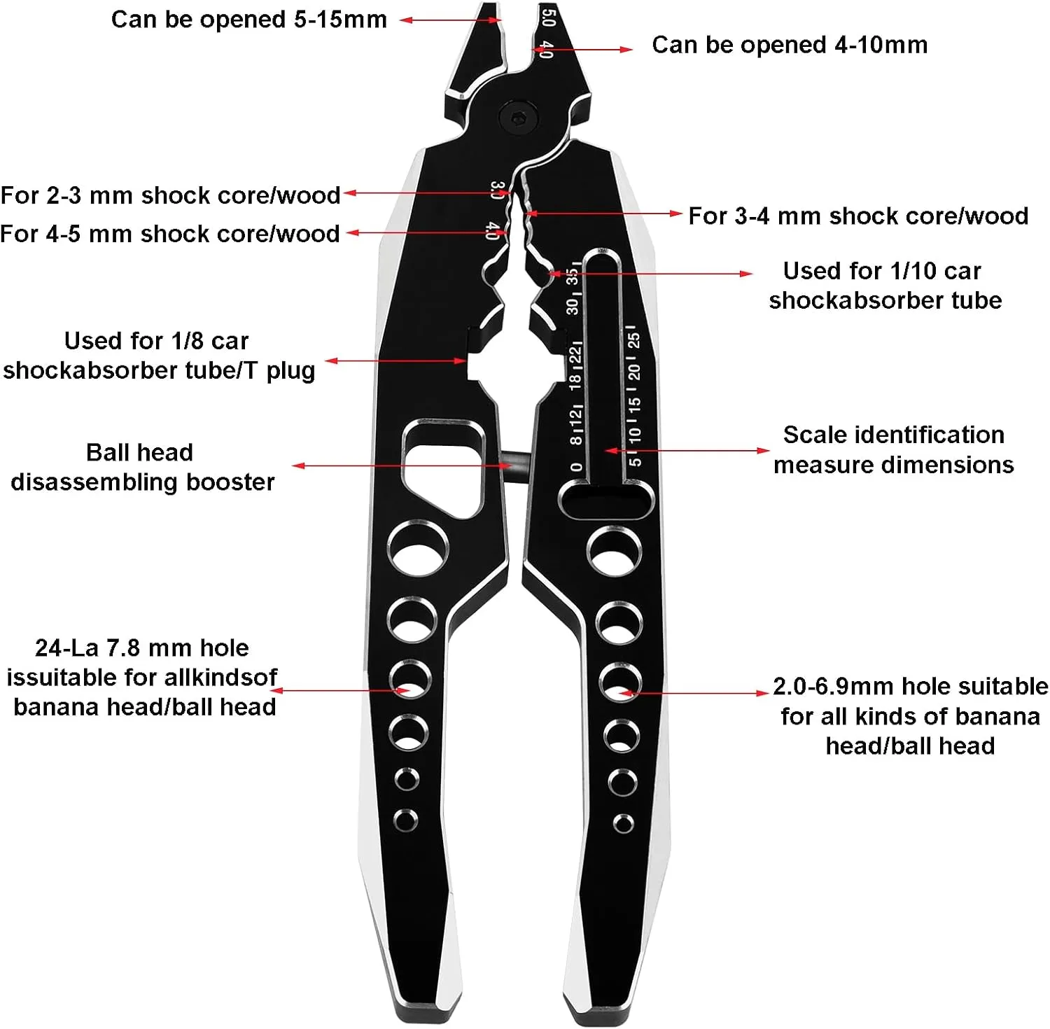 Metal RC Shock Absorber Pliers RC Crawler Shocks Multifunction Pliers RC Rod Ends Disassemble Tools for Traxxas Arrma Axial Losi Redcat Racing Crawler Trucks (black)