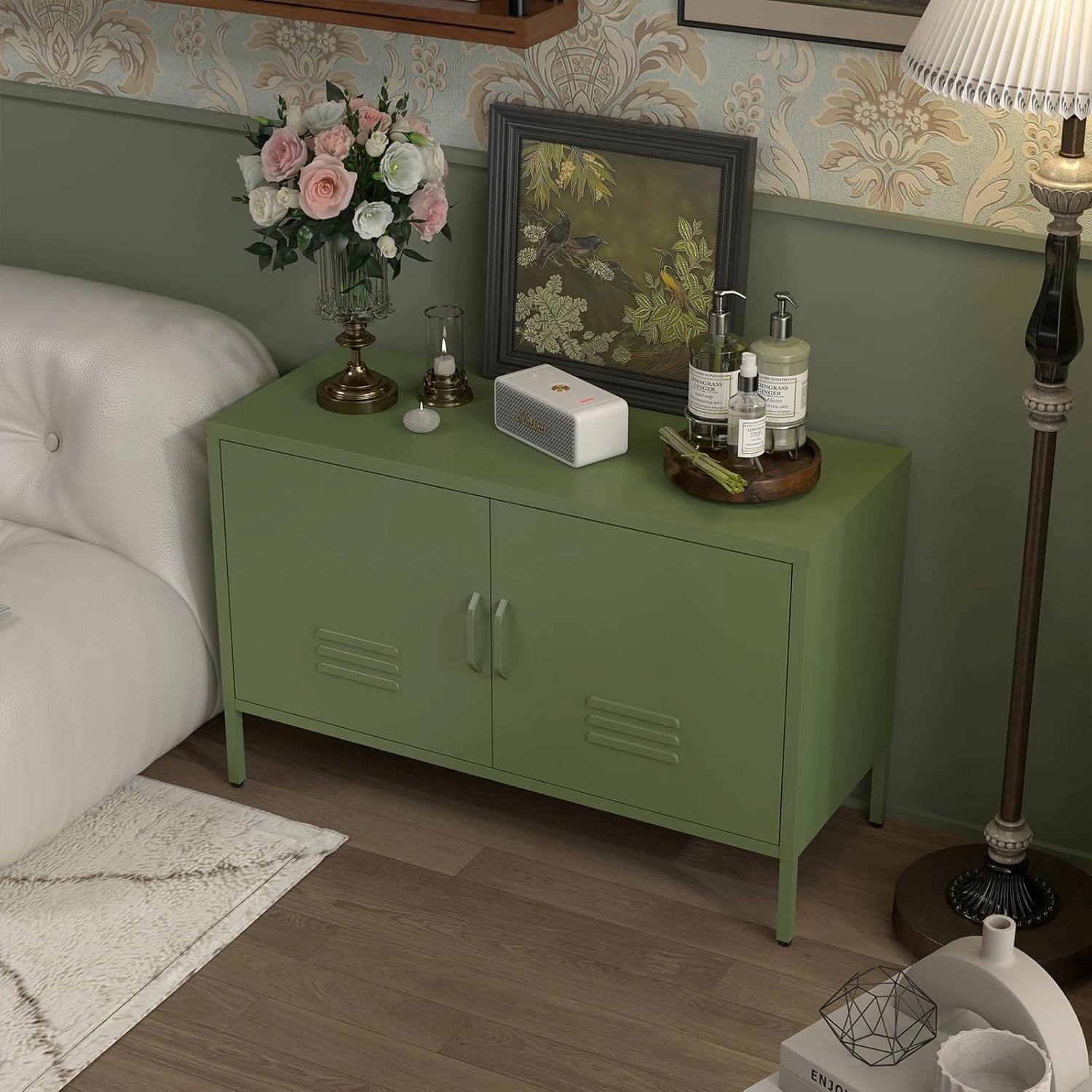 Metal Cabinet Storage,Media Console Cabinet,Metal TV Stand with Adjustable Shelf for Living Room,Bedroom,Avocado Green