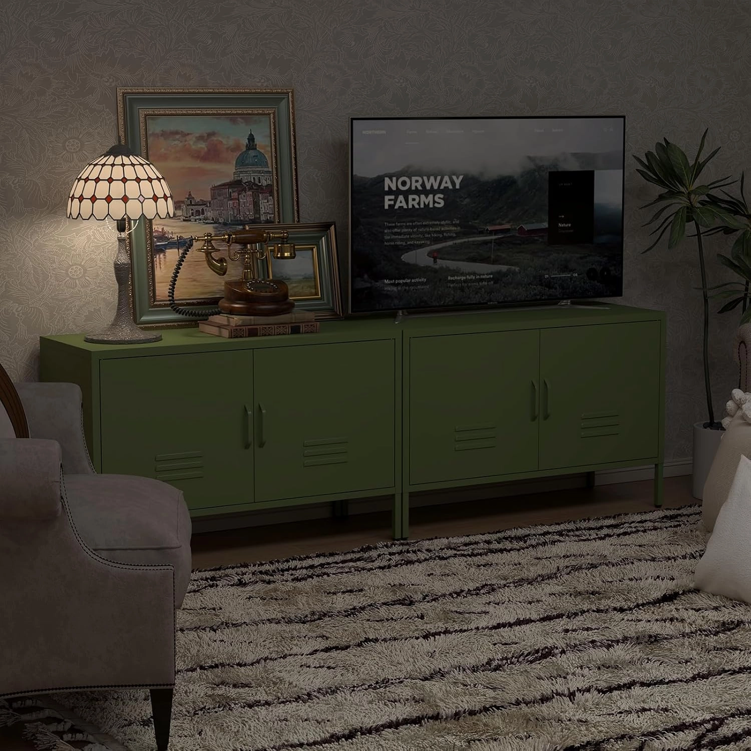 Metal Cabinet Storage,Media Console Cabinet,Metal TV Stand with Adjustable Shelf for Living Room,Bedroom,Avocado Green
