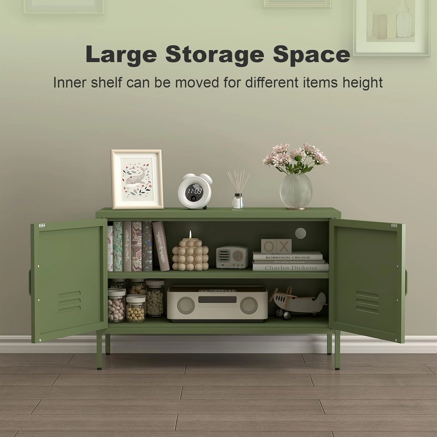 Metal Cabinet Storage,Media Console Cabinet,Metal TV Stand with Adjustable Shelf for Living Room,Bedroom,Avocado Green