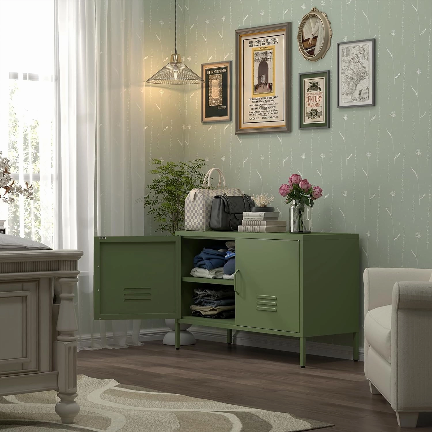 Metal Cabinet Storage,Media Console Cabinet,Metal TV Stand with Adjustable Shelf for Living Room,Bedroom,Avocado Green