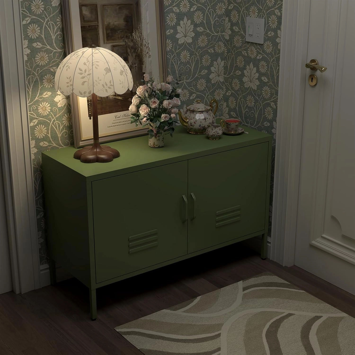 Metal Cabinet Storage,Media Console Cabinet,Metal TV Stand with Adjustable Shelf for Living Room,Bedroom,Avocado Green