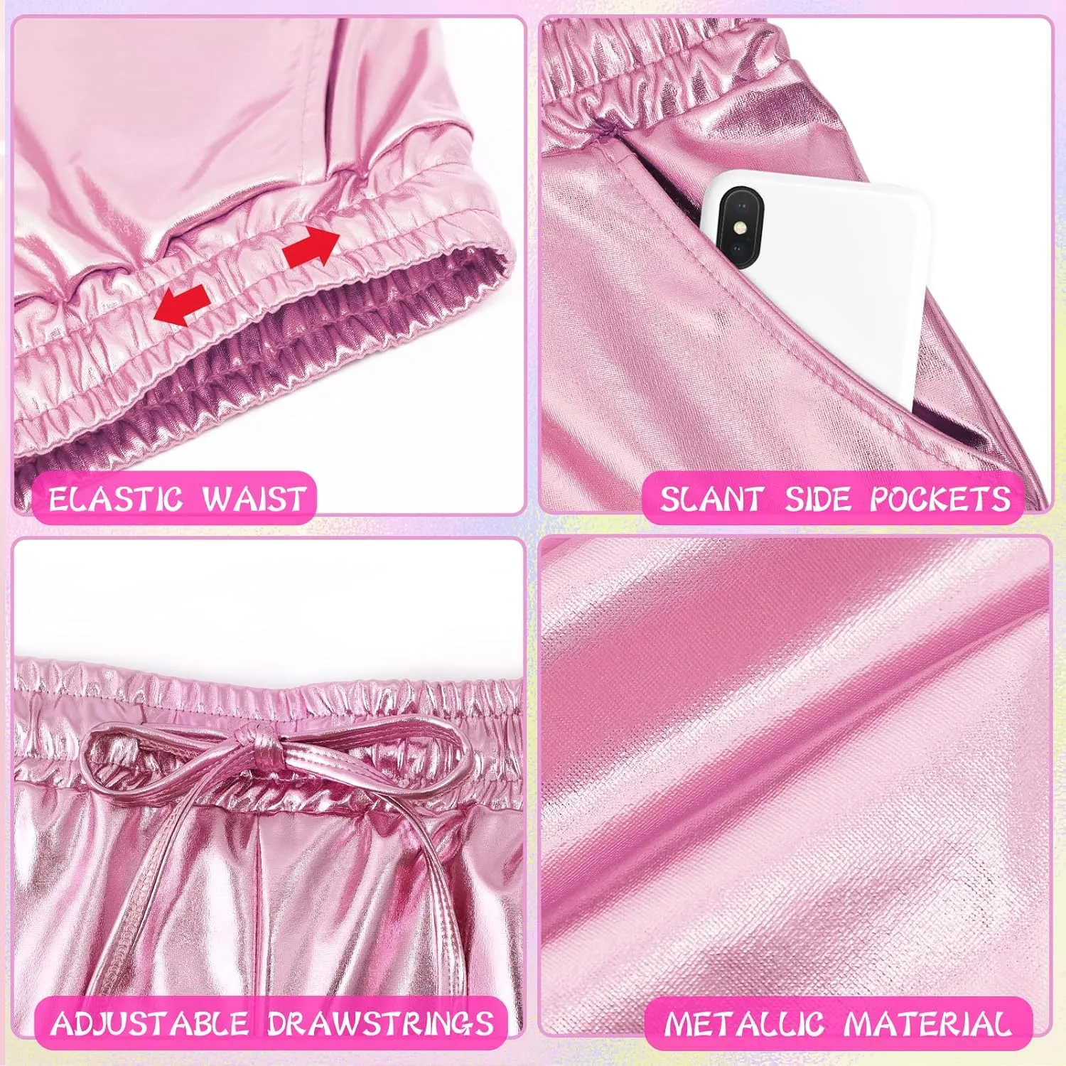 Metallic Shorts for Women Elastic Drawstring Shiny Hot Short Sparkly Rave Party Pants with Sunglasses