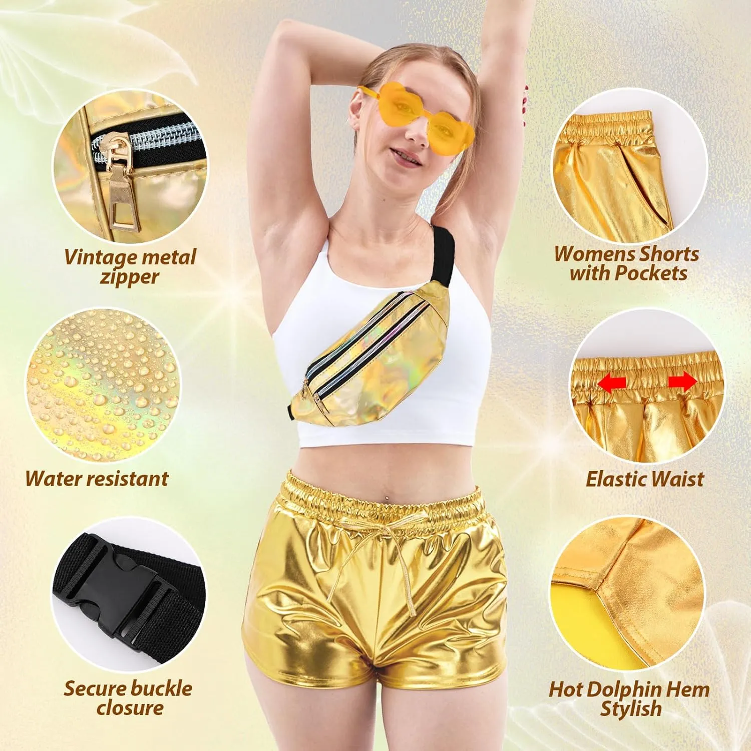 Metallic Shorts for Women Elastic Drawstring Shiny Hot Short Sparkly Rave Party Pants with Sunglasses