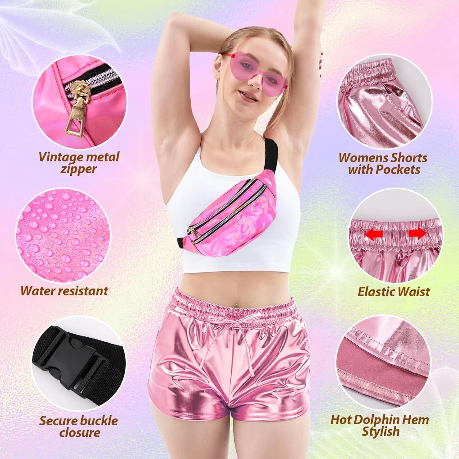 Metallic Shorts for Women Elastic Drawstring Shiny Hot Short Sparkly Rave Party Pants with Sunglasses