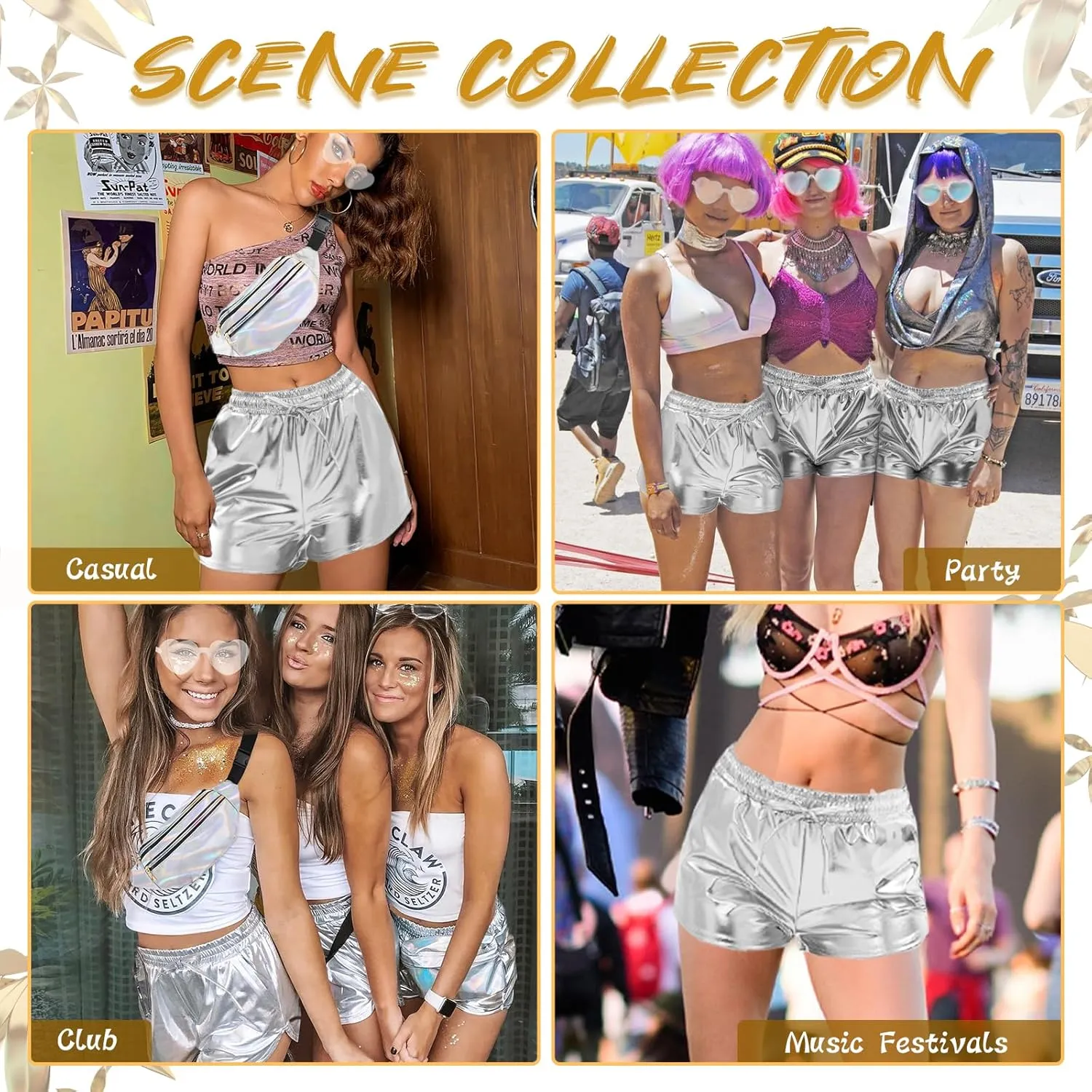 Metallic Shorts for Women Elastic Drawstring Shiny Hot Short Sparkly Rave Party Pants with Sunglasses