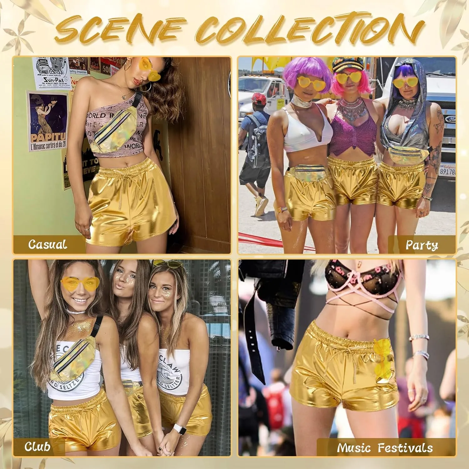 Metallic Shorts for Women Elastic Drawstring Shiny Hot Short Sparkly Rave Party Pants with Sunglasses