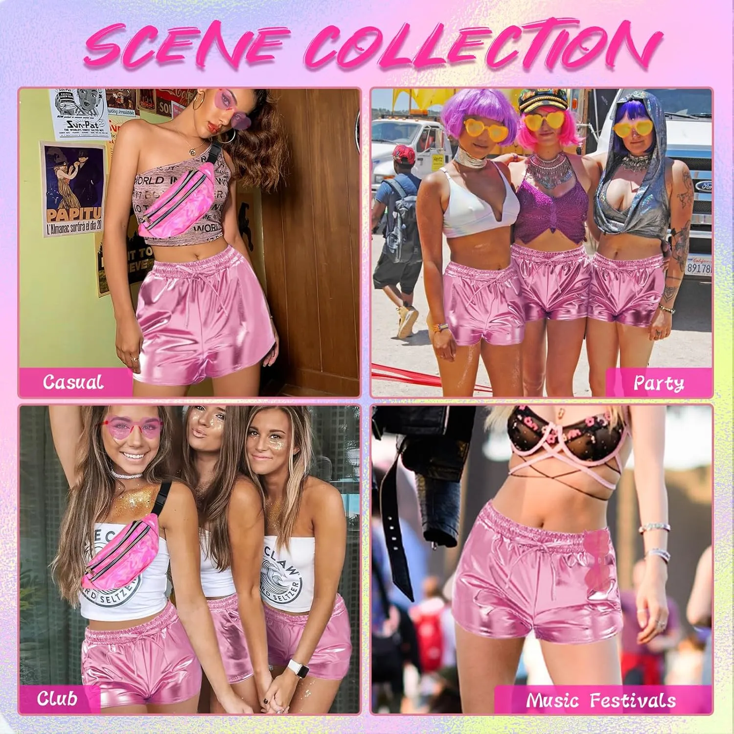 Metallic Shorts for Women Elastic Drawstring Shiny Hot Short Sparkly Rave Party Pants with Sunglasses