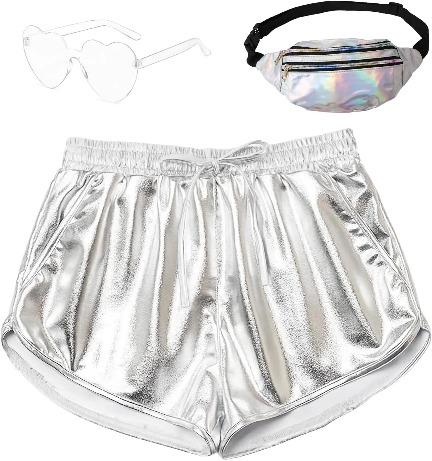 Metallic Shorts for Women Elastic Drawstring Shiny Hot Short Sparkly Rave Party Pants with Sunglasses