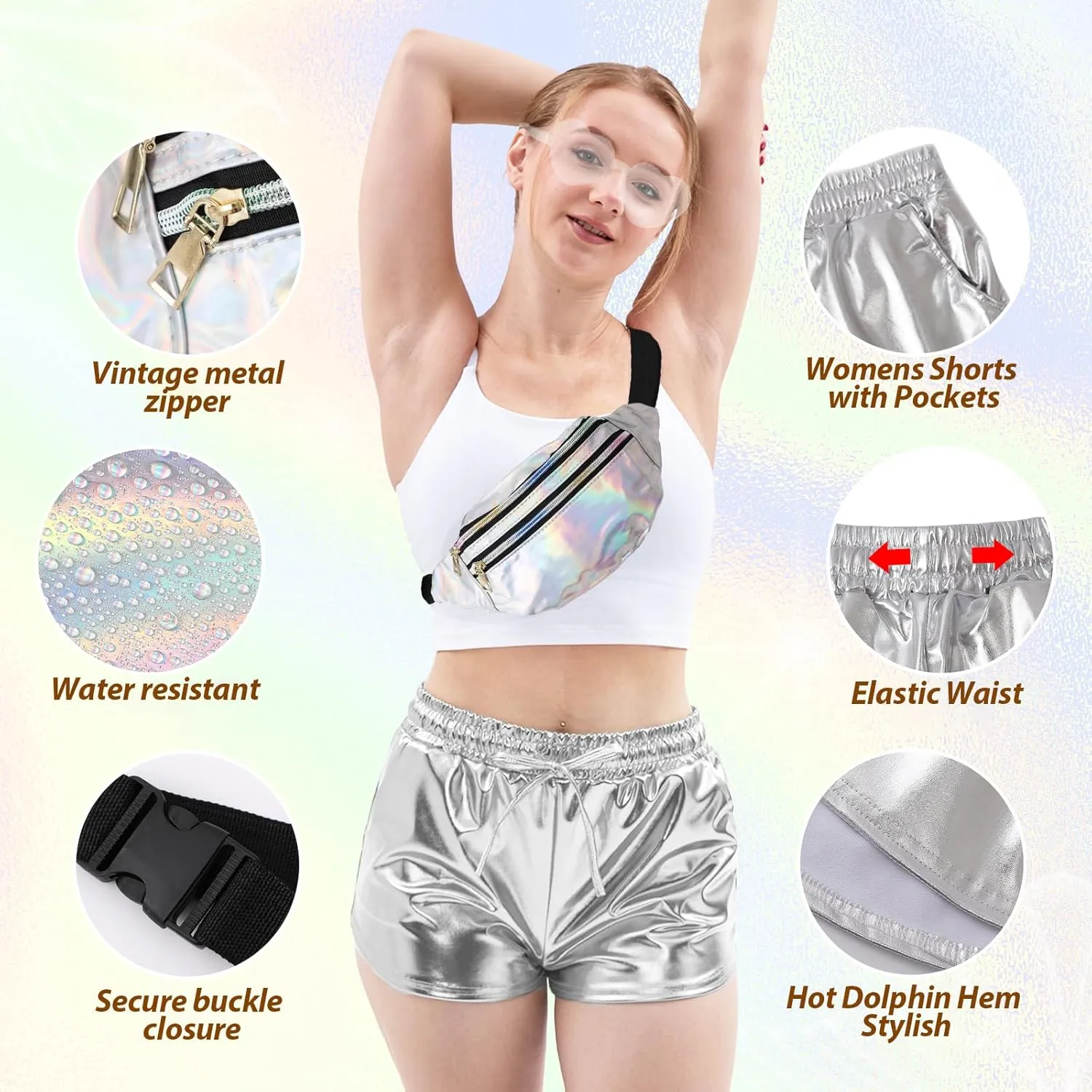 Metallic Shorts for Women Elastic Drawstring Shiny Hot Short Sparkly Rave Party Pants with Sunglasses