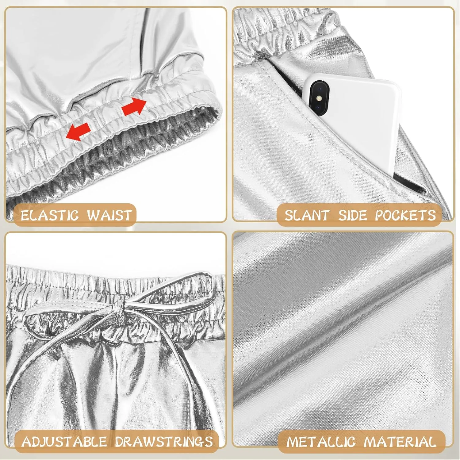 Metallic Shorts for Women Elastic Drawstring Shiny Hot Short Sparkly Rave Party Pants with Sunglasses