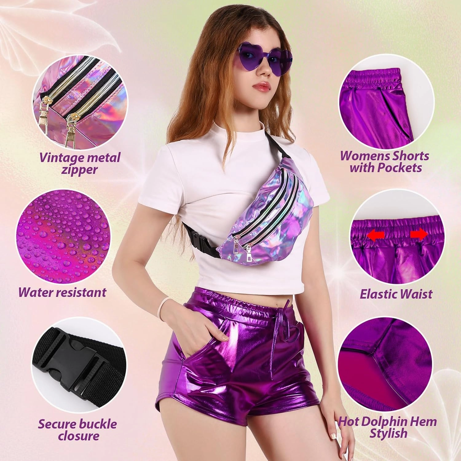 Metallic Shorts for Women Elastic Drawstring Shiny Hot Short Sparkly Rave Party Pants with Sunglasses