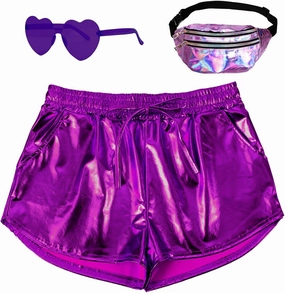 Metallic Shorts for Women Elastic Drawstring Shiny Hot Short Sparkly Rave Party Pants with Sunglasses