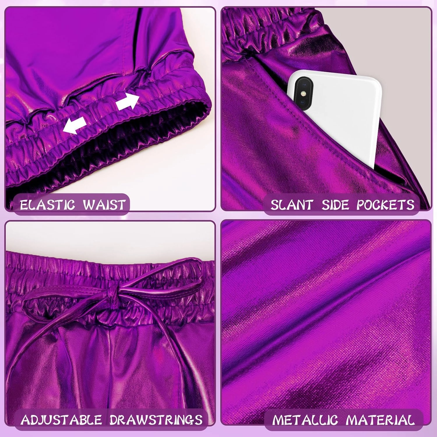 Metallic Shorts for Women Elastic Drawstring Shiny Hot Short Sparkly Rave Party Pants with Sunglasses