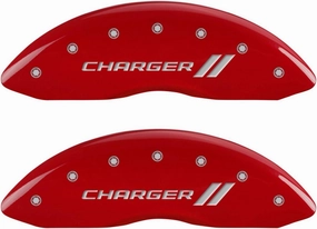 MGP Caliper Covers - Brake Caliper Covers for 2011-2023 Dodge Challenger & 2011-2023 Dodge Charger (Requires Dual Piston Front Caliper) Front and Rear Set - Engraved CHARGER // Logo (Red)