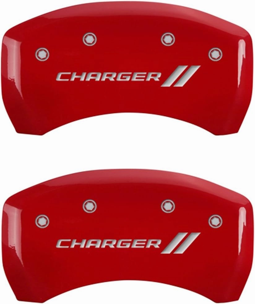 MGP Caliper Covers - Brake Caliper Covers for 2011-2023 Dodge Challenger & 2011-2023 Dodge Charger (Requires Dual Piston Front Caliper) Front and Rear Set - Engraved CHARGER // Logo (Red)