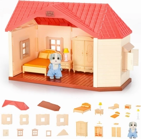 MIEBELY Dollhouse Playset with Figures, Doll Bryan Dog Family Toys with Furniture and Accessories, DIY Miniature House Kit for Adults, Kids and Toddler, Pretend Play Set, Gifts Toys for Girls Ages 3 