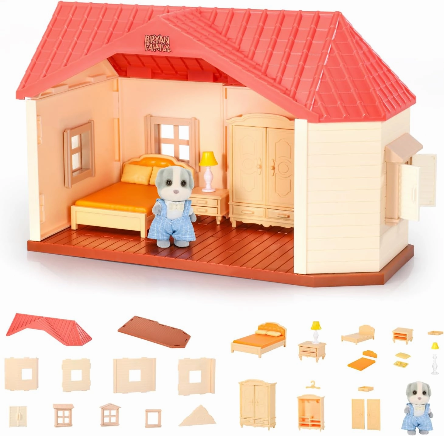 MIEBELY Dollhouse Playset with Figures, Doll Bryan Dog Family Toys with Furniture and Accessories, DIY Miniature House Kit for Adults, Kids and Toddler, Pretend Play Set, Gifts Toys for Girls Ages 3 