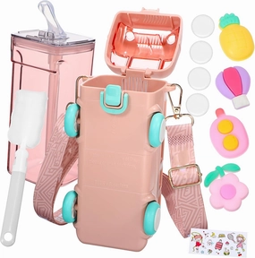 Milisten Cute Kawaii Water Bottle with Straw Portable Cup for Includes Cup Brush and Stickers for School Travel and Daily Hydration