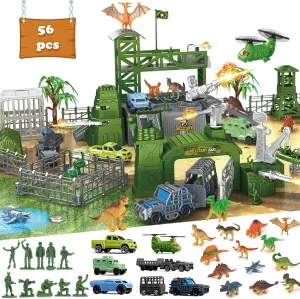 Military Base Toys Set Including Armored Car Airplane Helicopter Trucks, Play Mat with Army Men Action Figures & Accessories, Mini Dinosaur Toys, Birthday Playset for Boys Age Over 3 Years