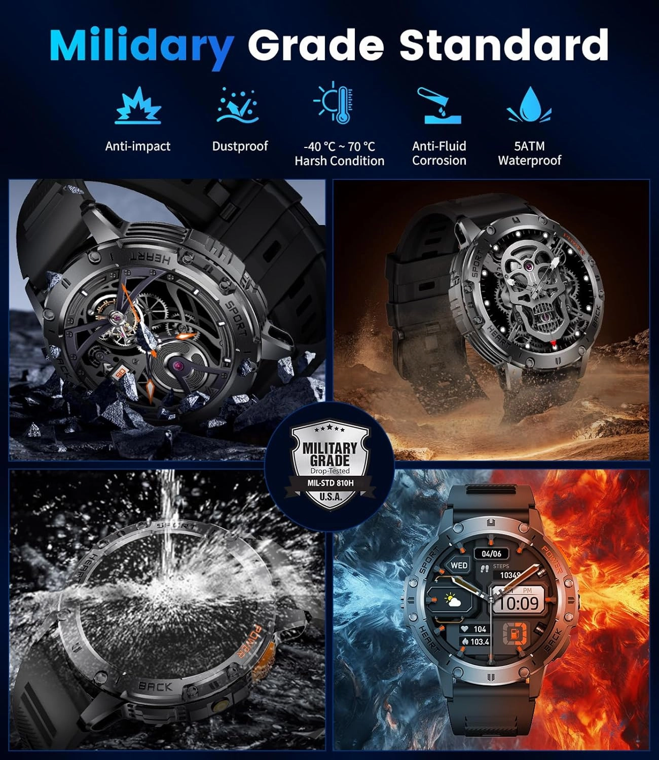 Military Smart Watches for Men(Answer/Make Calls) with LED Flashlight,530mAh Large Battery,1.43’’ AMOLED Fitness Tracker Heart Rate/SpO2/Sleep Monitor 5ATM Smartwatch for Android iOS,Silicone