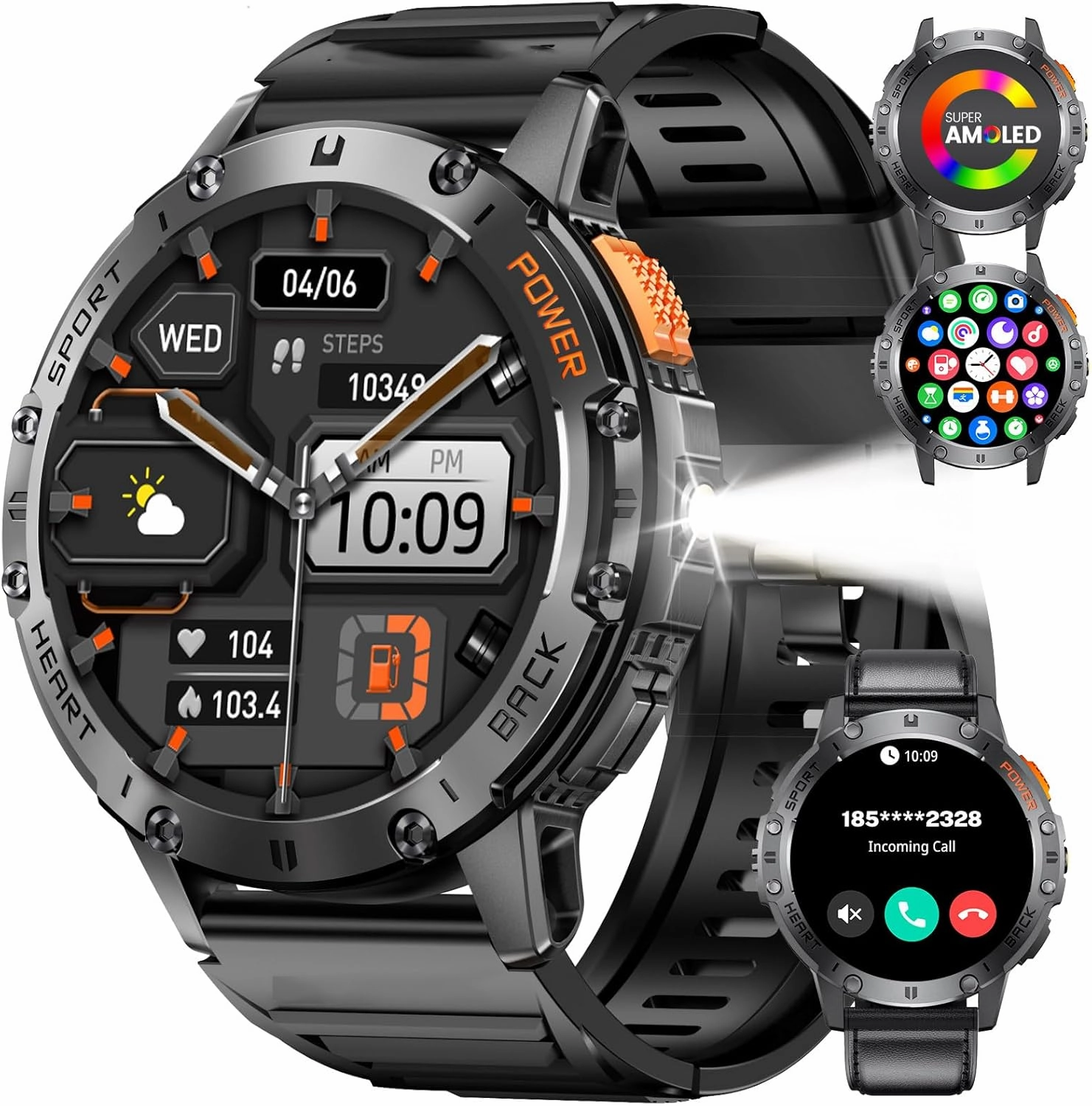 Military Smart Watches for Men(Answer/Make Calls) with LED Flashlight,530mAh Large Battery,1.43’’ AMOLED Fitness Tracker Heart Rate/SpO2/Sleep Monitor 5ATM Smartwatch for Android iOS,Silicone