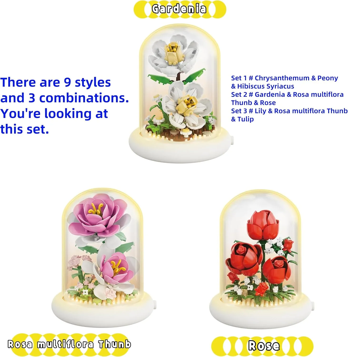 Mini Brick Flower Building Kit - 500PCS Micro Bricks with Light for Realistic Artificial Flowers, Gardenia,Rosa multiflora Thunb and Rose,Perfect for Home Decor and Gifts