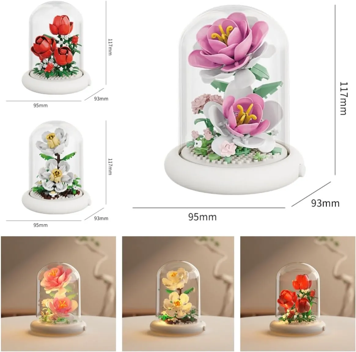 Mini Brick Flower Building Kit - 500PCS Micro Bricks with Light for Realistic Artificial Flowers, Gardenia,Rosa multiflora Thunb and Rose,Perfect for Home Decor and Gifts