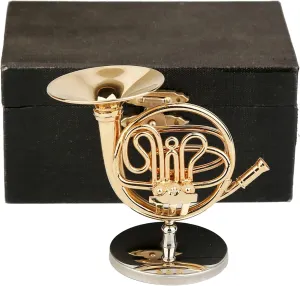 Miniature French Horn with Stand and Case Brass Mini Musical Instrument French Horn Replica Collectible Figurines Dollhouse Accessories Model Home Decoration Display Ornament (3.75"x1.77")