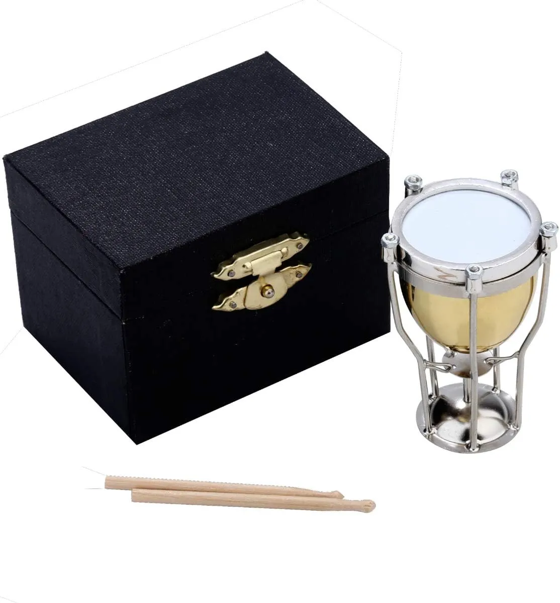 Miniature Timpani with Stand and Case Brass Mini Musical Instrument Replica Collectible Figurines Dollhouse Accessories Model Home Decorations Display Ornaments (2.56"x1.57" Timpani)